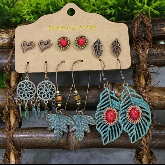 NWT Geometric Turquoise Earrings Set 6 Pairs Retro Style Earrings - Picture 1 of 3